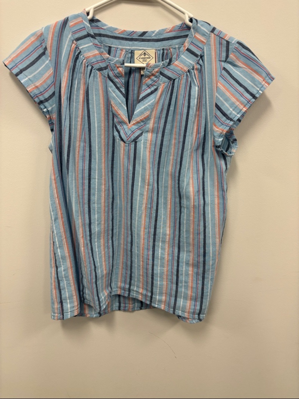 St. John’s Bay. Striped V-Neck Short Sleeve Top in Light Blue & Coral